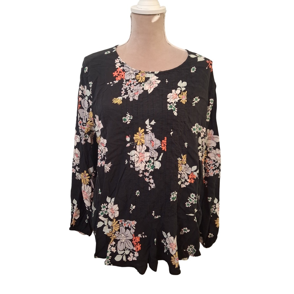 Old Navy Womens XL Black Floral Pintuck Pleated Long Sleeve Rayon Blouse Top
